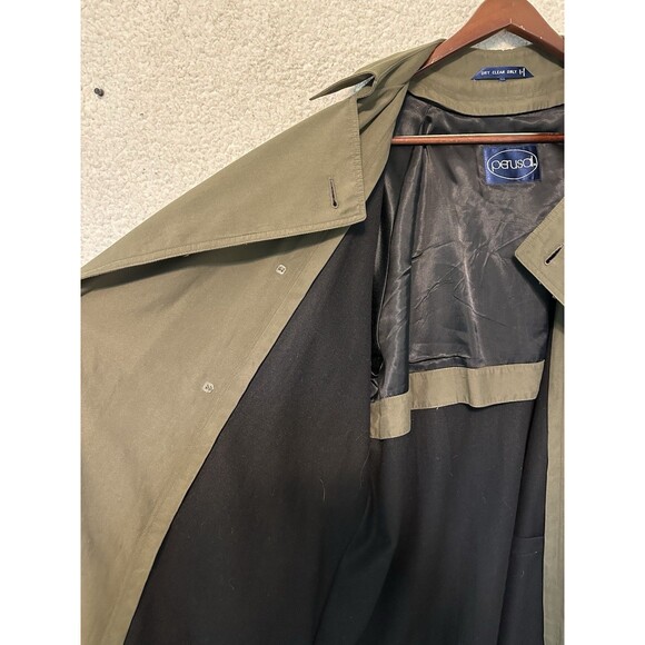 Perusal Trench Coat 46L Green Belted Classic Double Breasted Collared Wool Liner - Picture 9 of 16